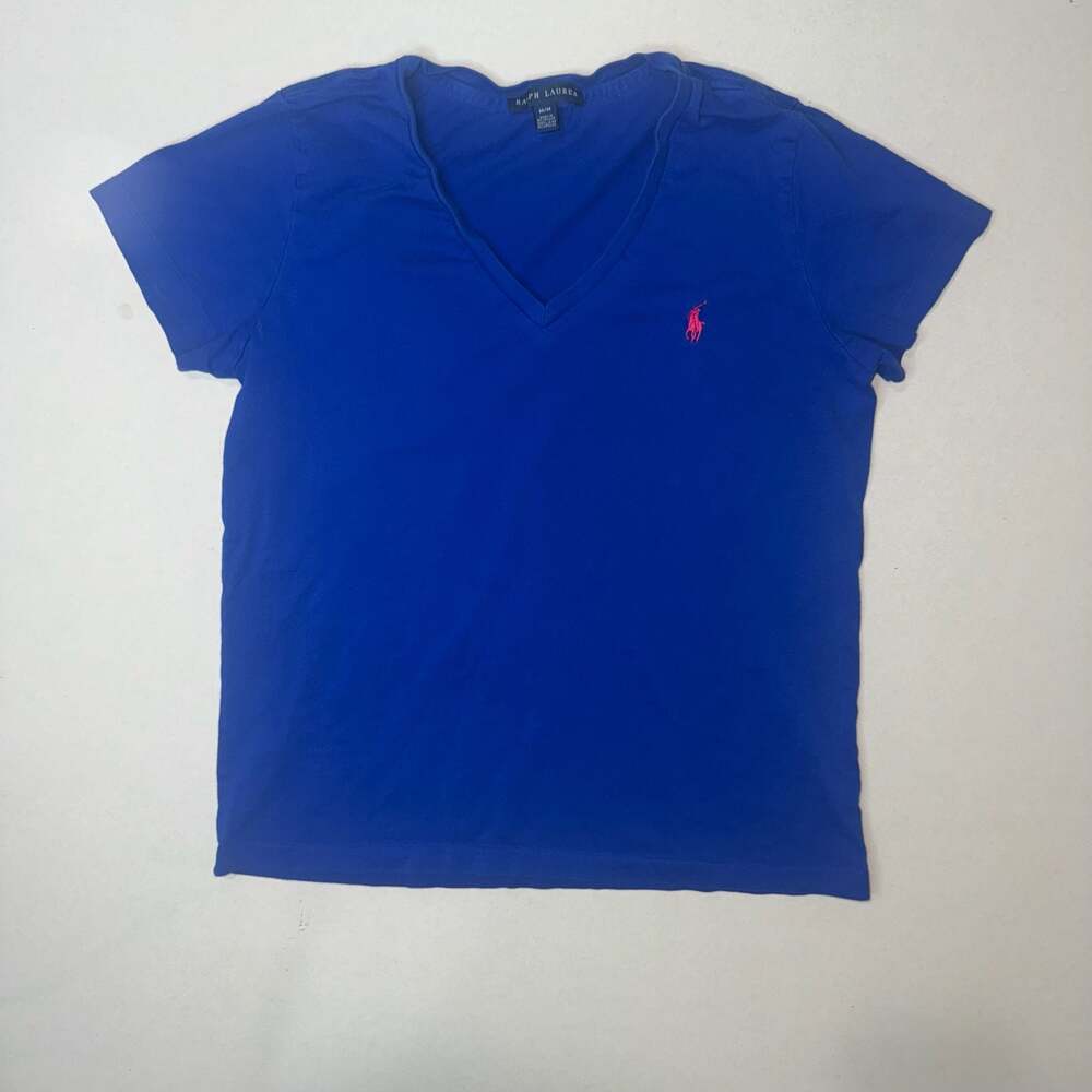 Polo Ralph Lauren Blue V-Neck T-Shirt with Pink Pony Size Medium